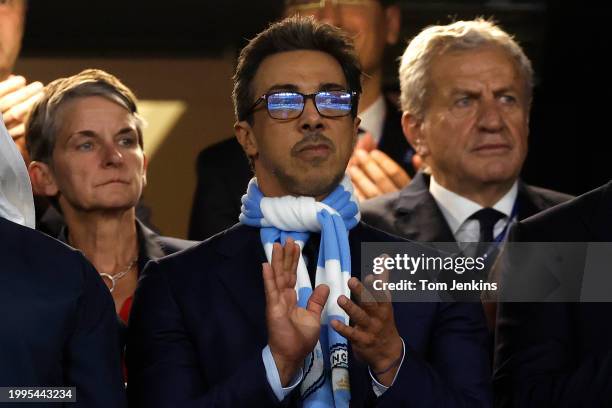 The Manchester City owner Abu Dhabi royal Sheikh Mansour bin Zayed Al Nahyan applauds his team onto the pitch before the UEFA Champions League Final...