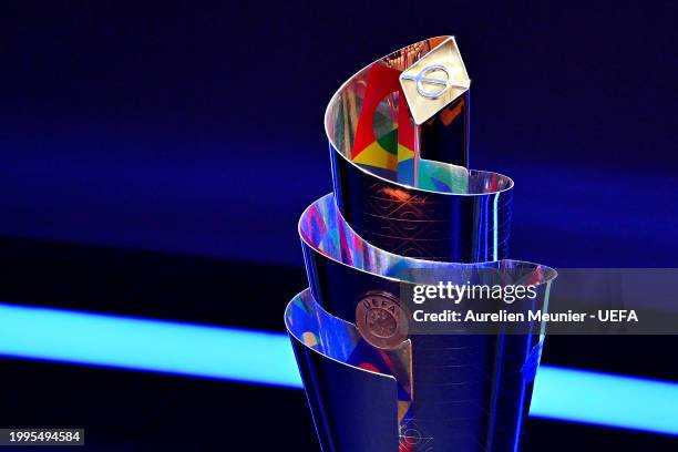 Detailed view of the UEFA Nations League trophy on the stage prior to the UEFA Nations League 2024/25 League Phase Draw at Maison De La Mutualite on...