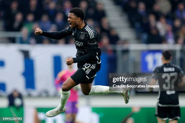 Chuba Akpom of Ajax celebrates 3-2 during the Dutch Eredivisie match between SC Heerenveen v Ajax at the Abe Lenstra Stadium on February 11, 2024 in...