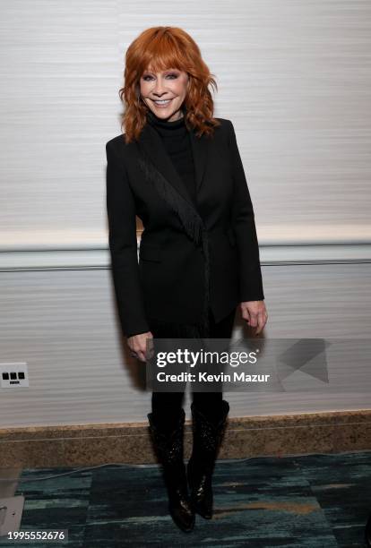 Reba McEntire speaks during the Super Bowl LVIII Pregame & Apple Music Super Bowl LVIII Halftime Show press conference at the Mandalay Bay Convention...