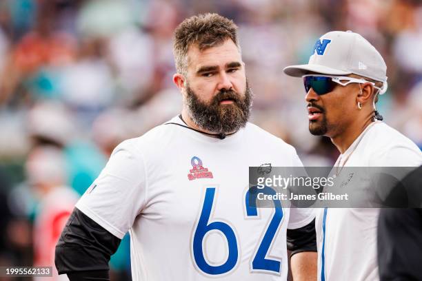 Jason Kelce and Jalen Hurts of the Philadelphia Eagles and NFC talk during the 2024 NFL Pro Bowl at Camping World Stadium on February 04, 2024 in...