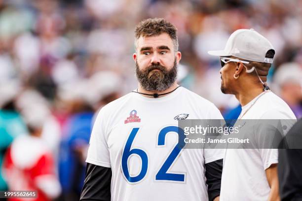 Jason Kelce and Jalen Hurts of the Philadelphia Eagles and NFC talk during the 2024 NFL Pro Bowl at Camping World Stadium on February 04, 2024 in...