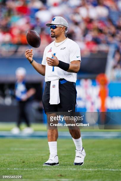 Jalen Hurts of the Philadelphia Eagles and NFC looks on during the 2024 NFL Pro Bowl at Camping World Stadium on February 04, 2024 in Orlando,...