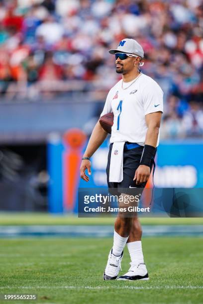 Jalen Hurts of the Philadelphia Eagles and NFC looks on during the 2024 NFL Pro Bowl at Camping World Stadium on February 04, 2024 in Orlando,...