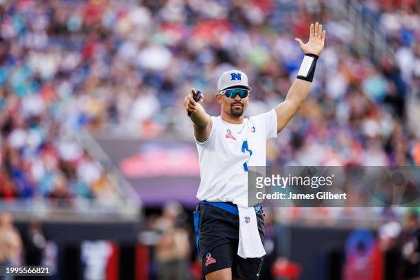 Jalen Hurts of the Philadelphia Eagles and NFC celebrates a touchdown during the 2024 NFL Pro Bowl at Camping World Stadium on February 04, 2024 in...