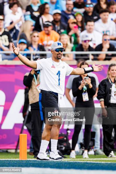 Jalen Hurts of the Philadelphia Eagles and NFC reacts during the 2024 NFL Pro Bowl at Camping World Stadium on February 04, 2024 in Orlando, Florida.