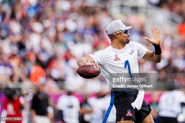 Jalen Hurts of the Philadelphia Eagles and NFC throws a pass during the 2024 NFL Pro Bowl at Camping World Stadium on February 04, 2024 in Orlando,...