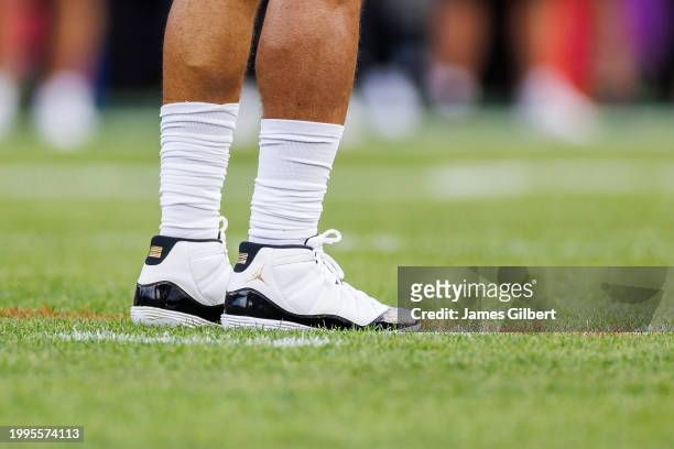 Detail of the Jordan cleats worn by Jalen Hurts of the Philadelphia Eagles and NFC during the 2024 NFL Pro Bowl at Camping World Stadium on February...
