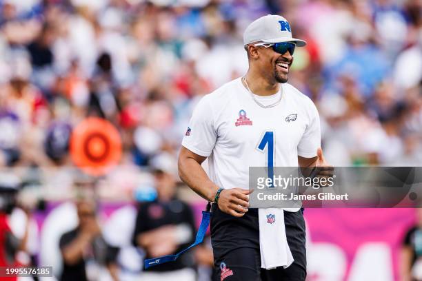 Jalen Hurts of the Philadelphia Eagles and NFC reacts during the 2024 NFL Pro Bowl at Camping World Stadium on February 04, 2024 in Orlando, Florida.
