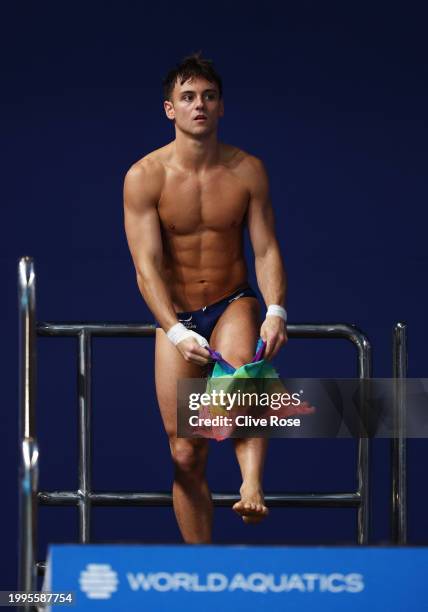 Thomas Daley of Team Great Britain prepares to compete in the Men's Synchronized 10m Platform Final on day seven of the Doha 2024 World Aquatics...