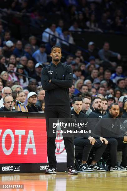 Head coach Kim English of the Providence Friars looks on against the Villanova Wildcats at the Wells Fargo Center on February 4, 2024 in...