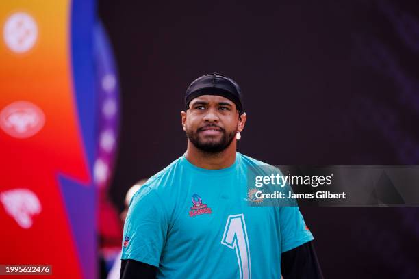 Tua Tagovailoa of the Miami Dolphins and AFC looks on before the 2024 NFL Pro Bowl at Camping World Stadium on February 04, 2024 in Orlando, Florida.