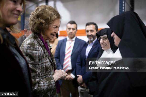 Queen Sofia talks with nuns during her visit to the Food Bank on February 8 in Huelva . Queen Sofia visits the facilities of the Huelva Food Bank and...