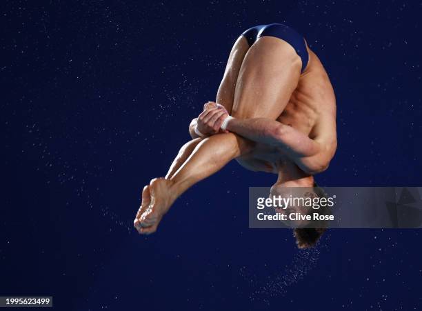 Thomas Daley of Team Great Britain competes in the Men's Synchronized 10m Platform Final on day seven of the Doha 2024 World Aquatics Championships...