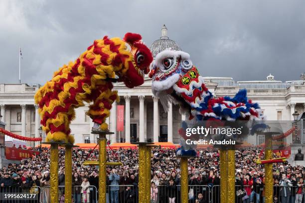 Chinese lion dancers perform in Trafalgar Square as part of the celebrations of Chinese New Year and the arrival of the Year of the Dragon in London,...