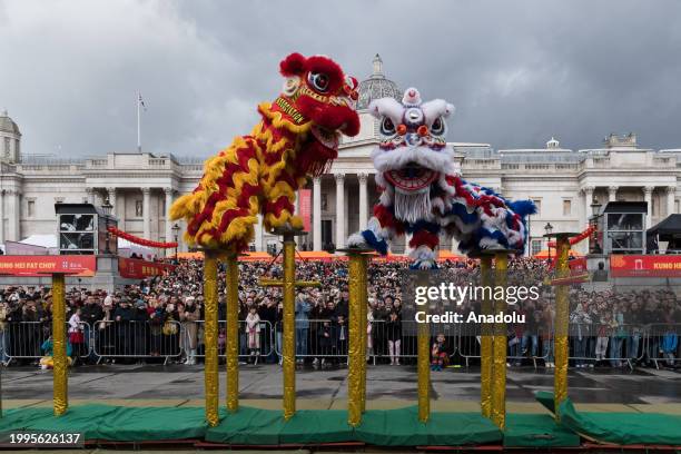 Chinese lion dancers perform in Trafalgar Square as part of the celebrations of Chinese New Year and the arrival of the Year of the Dragon in London,...