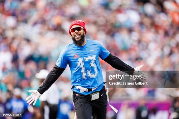 Keenan Allen of the Los Angeles Chargers and AFC celebrates a touchdown during the 2024 NFL Pro Bowl at Camping World Stadium on February 04, 2024 in...