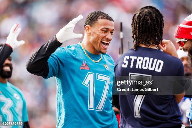 Evan Engram of the Jacksonville Jaguars and AFC celebrates after scoring a touchdown during the 2024 NFL Pro Bowl at Camping World Stadium on...