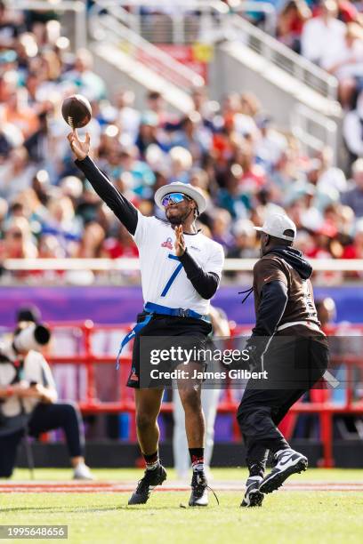 Geno Smith of the Seattle Seahawks and NFC throws a pass during the 2024 NFL Pro Bowl at Camping World Stadium on February 04, 2024 in Orlando,...