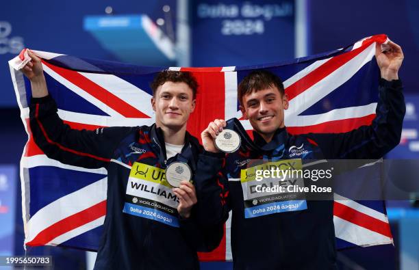 Silver Medalists, Thomas Daley and Noah Williams of Team Great Britain pose with their medals during the Medal Ceremony after the Men's Synchronized...