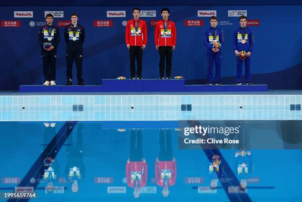 Silver Medalists, Thomas Daley and Noah Williams of Team Great Britain, Gold Medalists, Junjie Lian and Hao Yang of Team People's Republic of China...