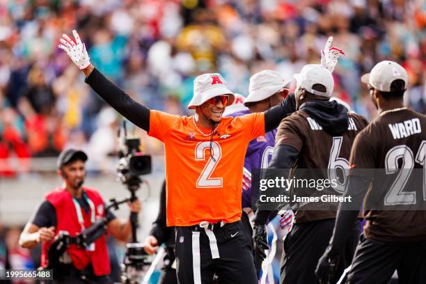 Pat Surtain II of the Denver Broncos and AFC celebrates after returning an interception for a touchdown during the first half of the 2024 NFL Pro...