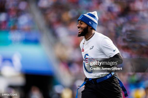 Andre Swift of the Philadelphia Eagles and NFC looks on during the 2024 NFL Pro Bowl at Camping World Stadium on February 04, 2024 in Orlando,...