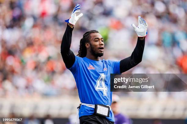 James Cook of the Buffalo Bills and AFC reacts during the 2024 NFL Pro Bowl at Camping World Stadium on February 04, 2024 in Orlando, Florida.