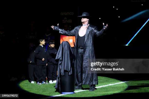 American retired professional wrestler, Mark William Calaway, aka 'The Undertaker', is presented prior to the Riyadh Season Cup Final match between...