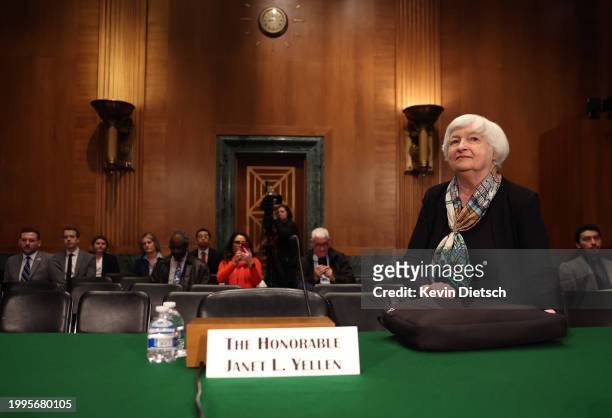 Treasury Secretary Janet Yellen arrives to testify before the Senate Banking, Housing, and Urban Affairs Committee at the Dirksen Senate Office...