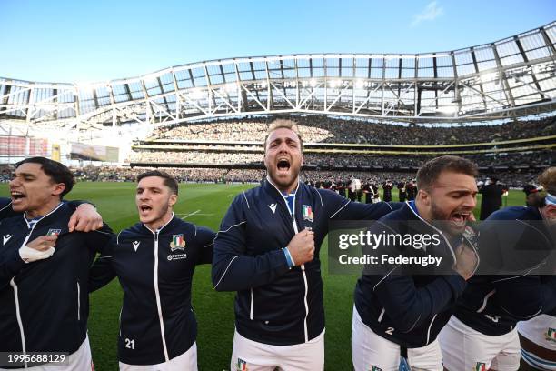 The Italy team sing their national anthem before the Guinness Six Nations 2024 match between Ireland and Italy at Aviva Stadium on February 11, 2024...