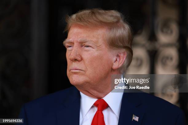 Former U.S. President Donald Trump speaks during a press conference held at Mar-a-Lago on February 08, 2024 in Palm Beach, Florida. Mr. Trump spoke...
