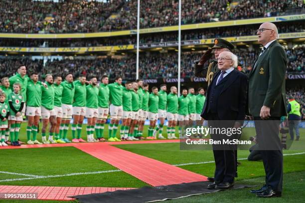 Dublin , Ireland - 11 February 2024; President of Ireland Michael D Higgins stands for the national anthem before the Guinness Six Nations Rugby...