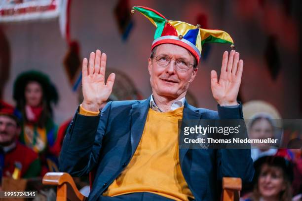 Health Minister Karl Lauterbach reacts while on trial at the carnival court on February 08, 2024 in Stockach, Germany. Every year the carnival court...