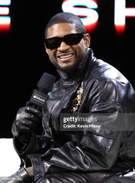 Usher speaks during the Super Bowl LVIII Pregame & Apple Music Super Bowl LVIII Halftime Show press conference at the Mandalay Bay Convention Center...