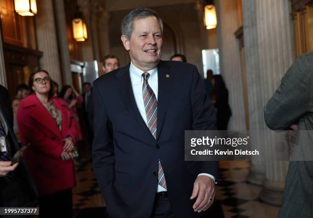 Sen. Steve Daines arrives for a Senate Republican meeting at the U.S. Capitol on February 08, 2024 in Washington, DC. The Senate continues to...
