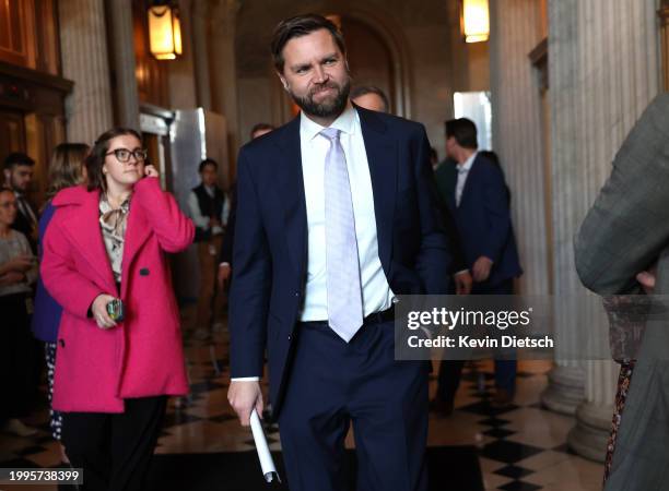 Sen. J.D. Vance arrives for a Senate Republican meeting at the U.S. Capitol on February 08, 2024 in Washington, DC. The Senate continues to negotiate...
