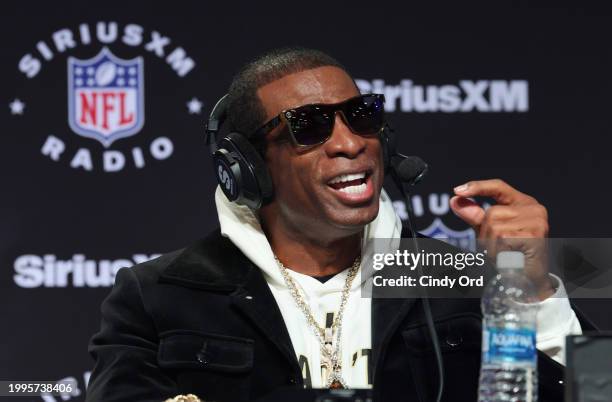 Deion "Coach Prime" Sanders speaks on SiriusXM at Super Bowl LVIII on February 08, 2024 in Las Vegas, Nevada.