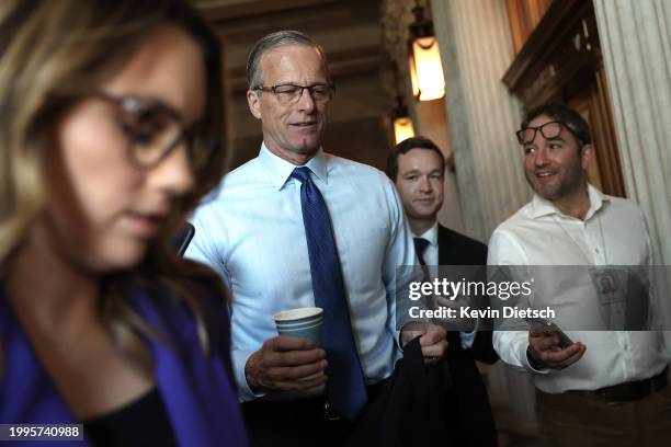 Sen. John Thune arrives for a Senate Republican meeting at the U.S. Capitol on February 08, 2024 in Washington, DC. The Senate continues to negotiate...