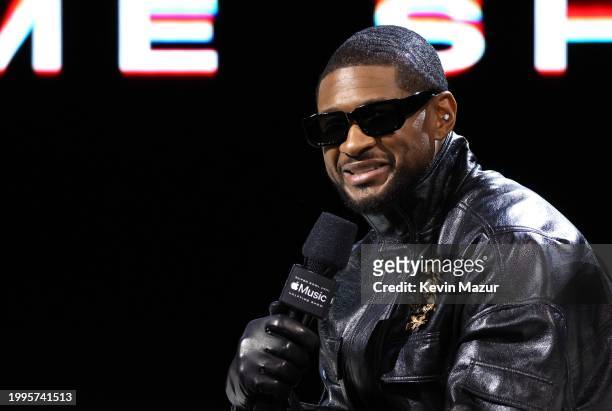 Usher speaks during the Super Bowl LVIII Pregame & Apple Music Super Bowl LVIII Halftime Show press conference at the Mandalay Bay Convention Center...