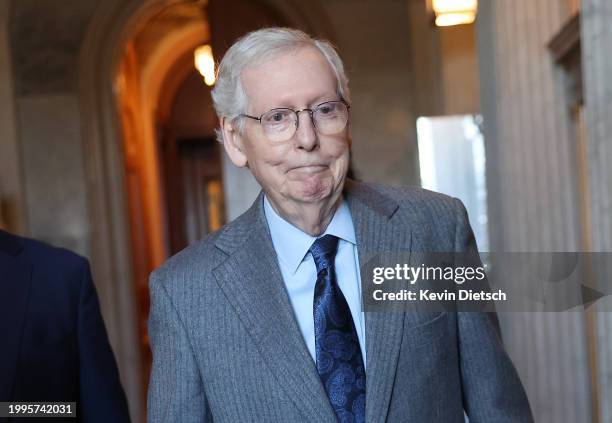 Senate Minority Leader Mitch McConnell arrives for a Senate Republican meeting at the U.S. Capitol on February 08, 2024 in Washington, DC. The Senate...