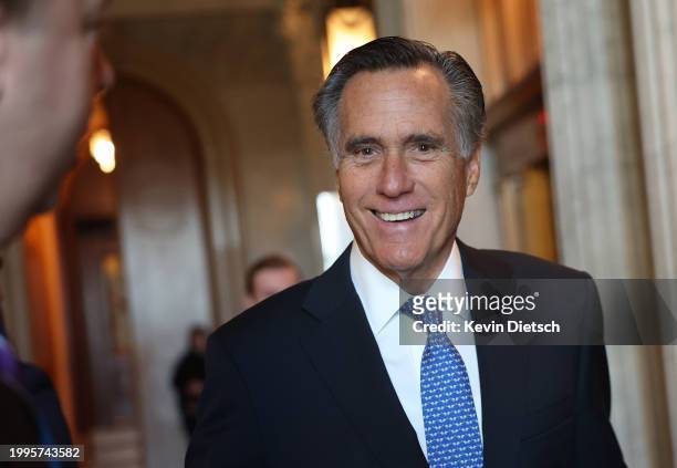 Sen. Mitt Romney arrives for a Senate Republican meeting at the U.S. Capitol on February 08, 2024 in Washington, DC. The Senate continues to...
