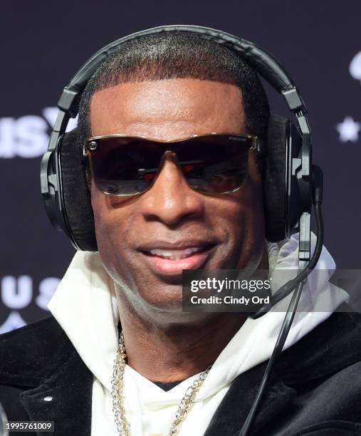 Deion "Coach Prime" Sanders speaks on SiriusXM at Super Bowl LVIII on February 08, 2024 in Las Vegas, Nevada.