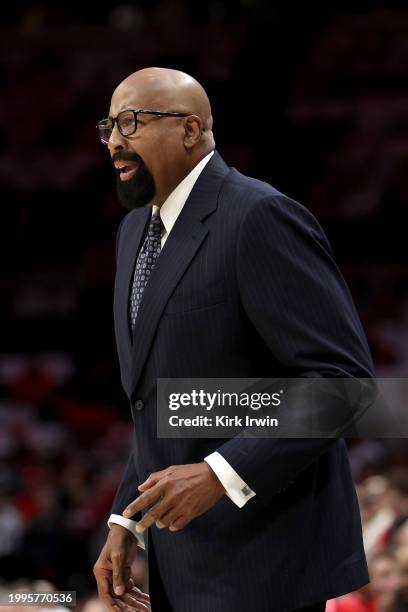 Head coach Mike Woodson of the Indiana Hoosiers stands on the sideline during the game against the Ohio State Buckeyes at Value City Arena on...