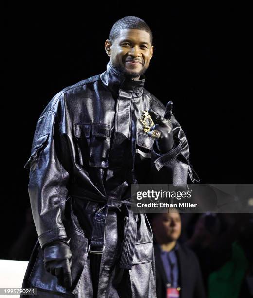 Usher speaks onstage during the Super Bowl LVIII Pregame & Apple Music Super Bowl LVIII Halftime Show press conference at the Mandalay Bay Convention...