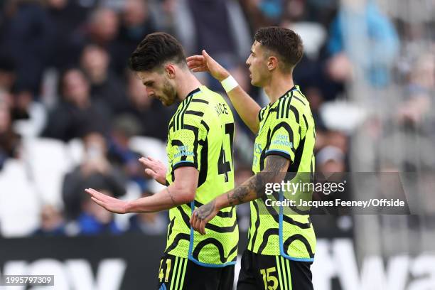 Declan Rice of Arsenal refuses to celebrate after scoring their sixth goal against his former club during the Premier League match between West Ham...