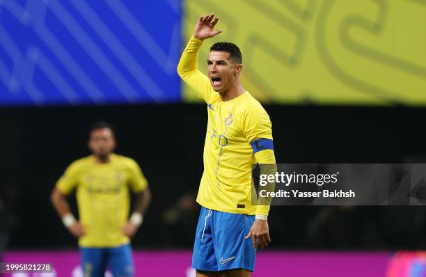 Cristiano Ronaldo of Al-Nassr reacts during the Riyadh Season Cup Final match between Al Hilal and Al-Nassr at Kingdom Arena on February 08, 2024 in...