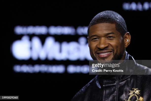 Usher poses on stage during the Apple Music Super Bowl LVIII Halftime Show Press Conference at Mandalay Bay on February 8, 2024 in Las Vegas, NV.