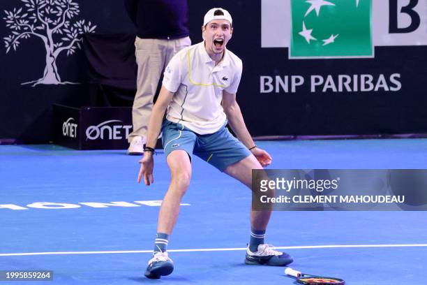 France's Ugo Humbert celebrates as he wins the ATP Open 13 final tennis match against Bulgaria's Grigor Dimitrov on February 11, 2024 in Marseille,...