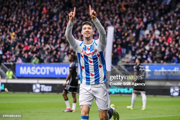 Pelle van Amersfoort of SC Heerenveen celebrates the first goal during the Dutch Eredivisie match between SC Heerenveen and AFC Ajax at Abe Lenstra...